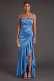 Ruffled Satin Black Mermaid Long Formal Dress with Slit