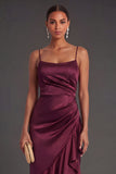 Ruffled Satin Black Mermaid Long Formal Dress with Slit