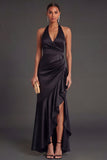 Halter Neck Mermaid Black Long Formal Dress with Slit