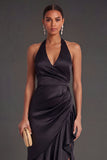 Halter Neck Mermaid Black Long Formal Dress with Slit