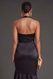 Halter Neck Mermaid Black Long Formal Dress with Slit