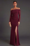 Ruched Burgundy Mermaid Long Formal Dress with Slit