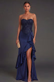 Sparkly Navy Mermaid Ruffled Long Formal Dress with Slit