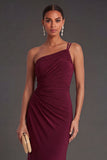 Sleeveless Burgundy Ruched One Shoulder Long Formal Dress