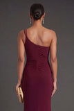 Sleeveless Burgundy Ruched One Shoulder Long Formal Dress