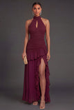 Ruffled Halter Neck Burgundy Long Formal Dress with Slit