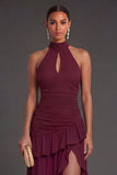 Ruffled Halter Neck Burgundy Long Formal Dress with Slit