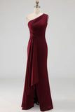 One Shoulder Mermaid Burgundy Long Formal Dress with Slit
