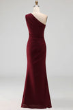 One Shoulder Mermaid Burgundy Long Formal Dress with Slit