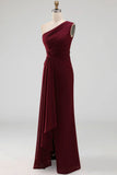 One Shoulder Mermaid Burgundy Long Formal Dress with Slit
