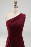 One Shoulder Mermaid Burgundy Long Formal Dress with Slit