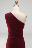 One Shoulder Mermaid Burgundy Long Formal Dress with Slit