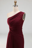 One Shoulder Mermaid Burgundy Long Formal Dress with Slit