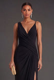 Black Sheath Ruched Long Formal Dress with Slit