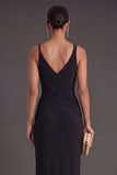 Black Sheath Ruched Long Formal Dress with Slit