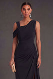 Black Mermaid Ruched One Shoulder Long Formal Dress with Slit