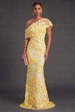 Yellow Appliqued Floral Mermaid Long Formal Dress