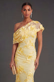 Yellow Appliqued Floral Mermaid Long Formal Dress