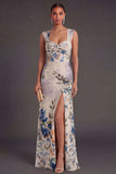 Ivory Floral Thick Straps Mermaid Long Formal Dress with Slit