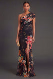 Champagne Floral Mermaid Long Formal Dress with Slit