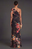 Champagne Floral Mermaid Long Formal Dress with Slit