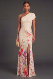 Champagne Floral Mermaid Long Formal Dress with Slit