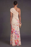 Champagne Floral Mermaid Long Formal Dress with Slit