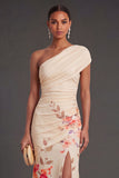 Champagne Floral Mermaid Long Formal Dress with Slit