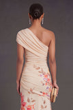 Champagne Floral Mermaid Long Formal Dress with Slit