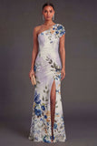 Champagne Floral Mermaid Long Formal Dress with Slit