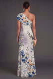 Champagne Floral Mermaid Long Formal Dress with Slit