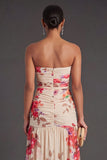 A Line Floral Ivory Long Formal Dress with Slit