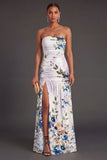 A Line Floral Ivory Long Formal Dress with Slit