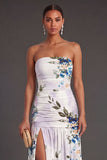 A Line Floral Ivory Long Formal Dress with Slit