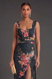 Black Floral Backless Thick Straps Long Formal Dress with Slit