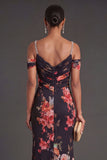 Floral Black Mermaid Cold Shoulder Long Formal Dress
