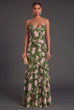 Dark Green Floral Ruffled Long Formal Dress