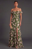 A Line Dark Green Floral Ruffled Long Formal Dress with Slit