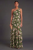 One Shoulder Dark Green Floral Ruffled Long Formal Dress with Slit