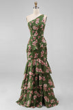 One Shoulder Dark Green Floral Ruffled Long Formal Dress with Slit