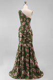 One Shoulder Dark Green Floral Ruffled Long Formal Dress with Slit