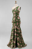 One Shoulder Dark Green Floral Ruffled Long Formal Dress with Slit