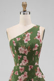 One Shoulder Dark Green Floral Ruffled Long Formal Dress with Slit