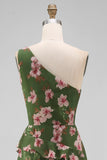 One Shoulder Dark Green Floral Ruffled Long Formal Dress with Slit