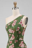 One Shoulder Dark Green Floral Ruffled Long Formal Dress with Slit
