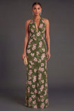Dark Green Floral Sheath Long Formal Dress