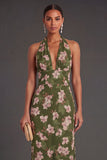 Dark Green Floral Sheath Long Formal Dress