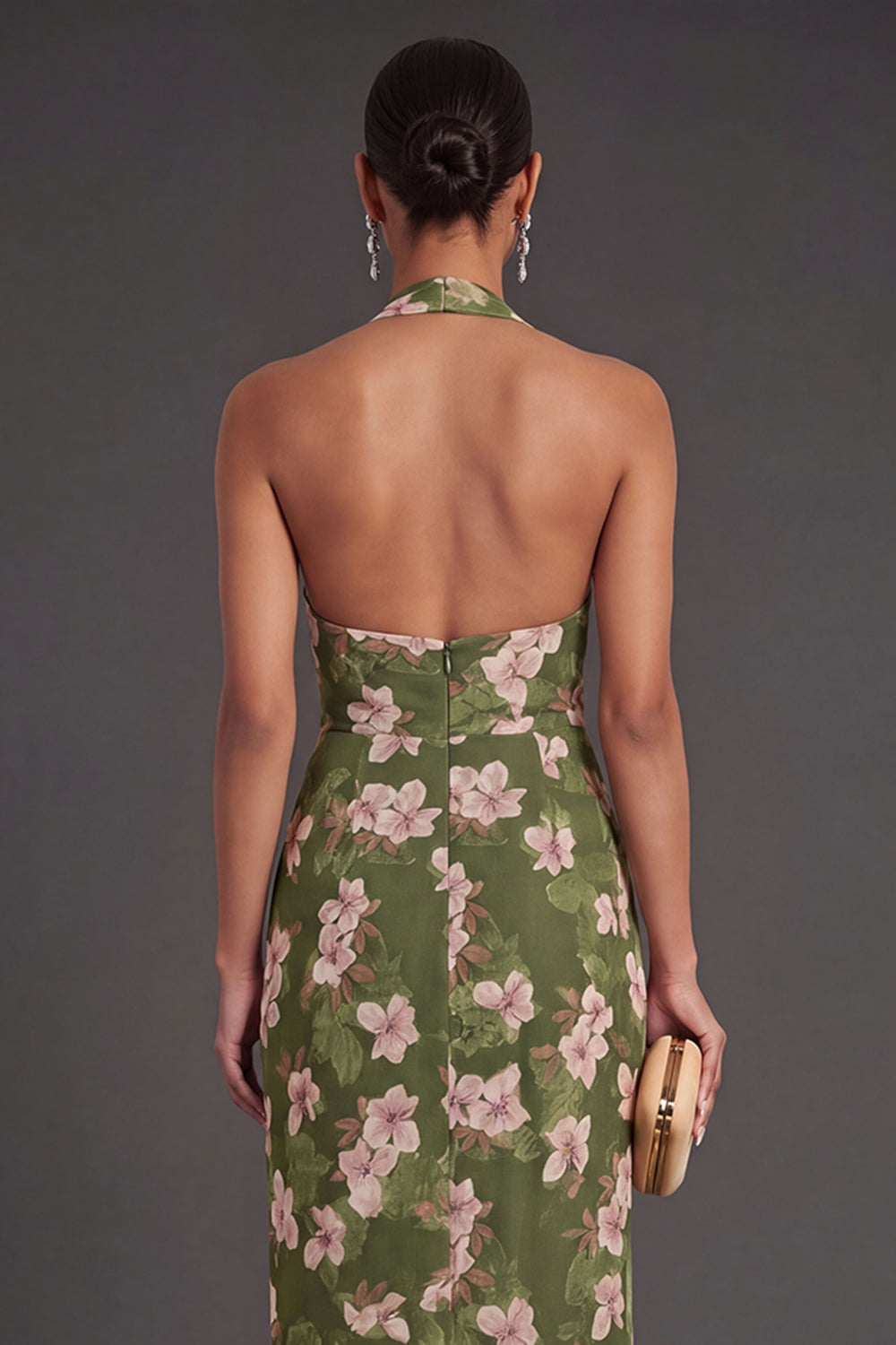 Leely Women Dark Green Floral Sheath Long Formal Dress Halter Neck