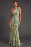 Mermaid Floral Dusty Green One Shoulder Long Formal Dress