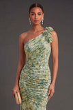 Mermaid Floral Dusty Green One Shoulder Long Formal Dress
